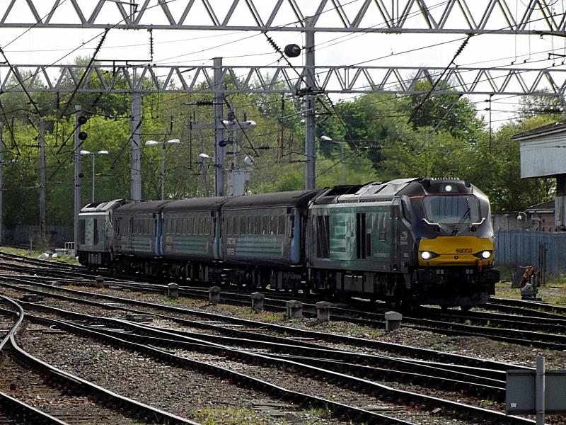 68003 at Carlisle: DRS 68003 arrives at Carlisle with a Northern Rail service from Barrow in Furness on Saturday 12th May 2018. Classmate 68017 is on the rear. Photo of 68003 at Carlisle