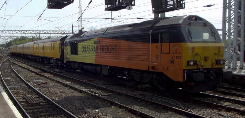 67027 at Carlisle: Deputising for the NMT, Colas 67027 arrives at Carlisle with a measuring train from Derby to Heaton, on Saturday 12th May 2018. Photo of 67027 at Carlisle