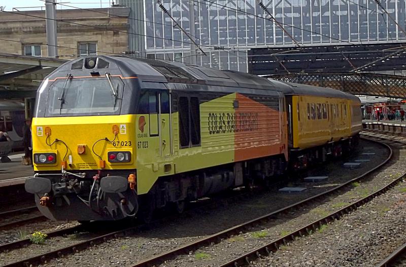 67023 at Carlisle: Deputising for the NMT, Colas 67023 waits at Carlisle with a measuring train from Derby to Heaton, on Saturday 12th May 2018. Photo of 67023 at Carlisle