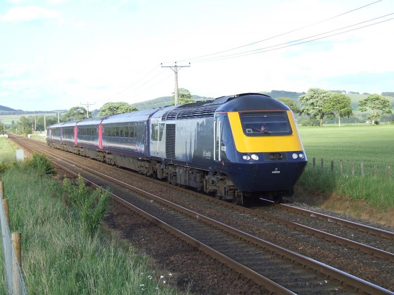 2W50 slows for Ladybank: ScotRail HST 43033 leads 2W50 Dundee DMU Sidings to KIrkcaldy on 14 JUne 2018 as the set heads slowly towards Sweetholm LC and a signal check approaching Ladybank Photo of 2W50 slows for Ladybank