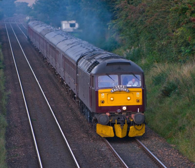 47854: 47854 heads south past Forgandenny towards Newcastle with the SRPS railtour from Inverness 47804 is in the rear.20/09/08 Photo of 47854