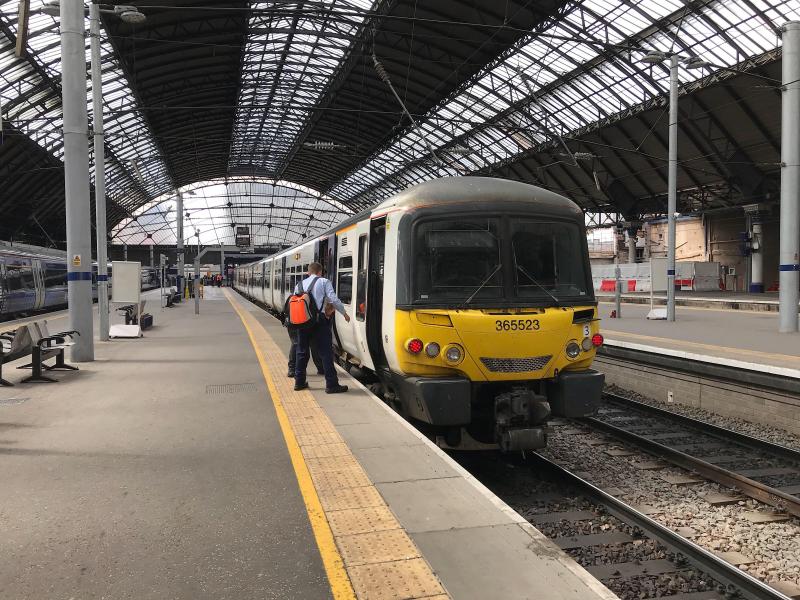365523 at Queen Street : 365523 seen shortly before departing platform 5 on a train run on 23rd June 2018, the day that the 365 EMUs were due to come in to passenger service. Photo of 365523 at Queen Street