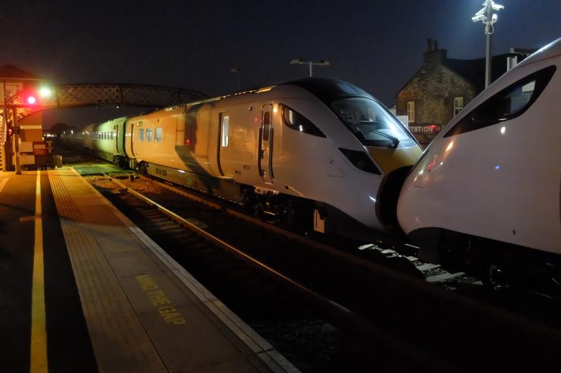Azuma at Carnoustie: 5X60 2128 Craigentinny to Aberdeen Clayhills Azuma test run makes an unscheduled stop at Carnoustie at 0030 on 29th June 2018. Photo of Azuma at Carnoustie