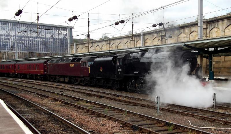 48151 at Carlisle: Stanier 8F 48151 leaves Carlisle, with 47787 tucked inside for insurance against fires with a return steam charter from Carlisle to London Euston via the Settle line on Saturday 21st July 2018. Photo of 48151 at Carlisle