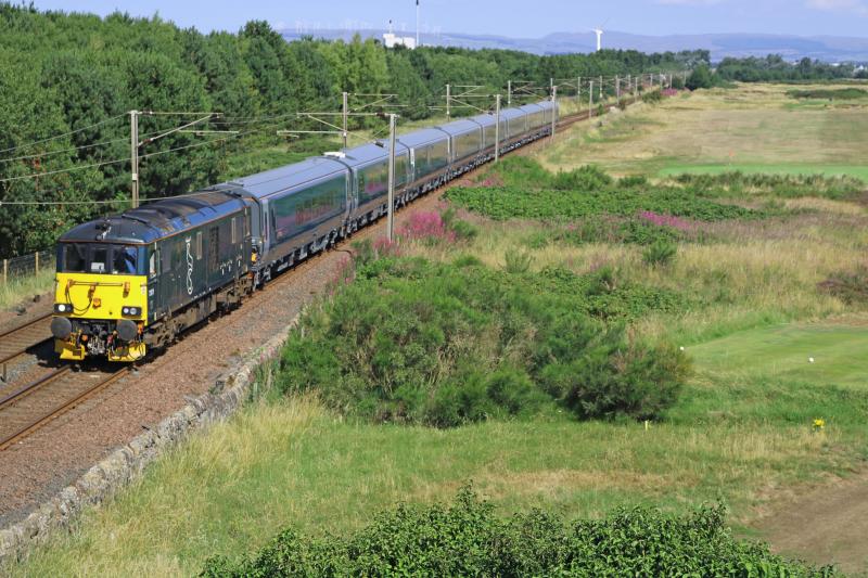 Photo of GBRf 73971 on 5Z73 with MK5 sleeper stock ex Polmadie to Brodie Rail at Gailes on 260718.jpg