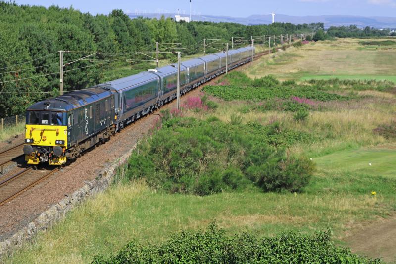 GBRf 73971 on 5Z73 with MK5 sleeper stock ex Polmadie to Brodie Rail at Gailes on 260718.jpg: Photo of GBRf 73971 on 5Z73 with MK5 sleeper stock ex Polmadie to Brodie Rail at Gailes on 260718.jpg