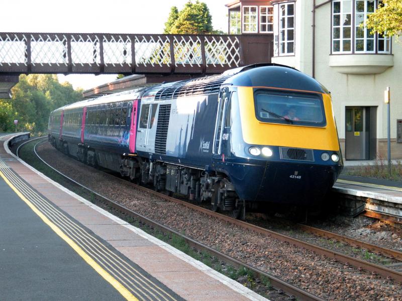 43148 @ Gleneagles - 24 July 2018: Training unit '3H04', from Perth to Eastfield, heads south, as the last rays of sunlight leave the station Photo of 43148 @ Gleneagles - 24 July 2018
