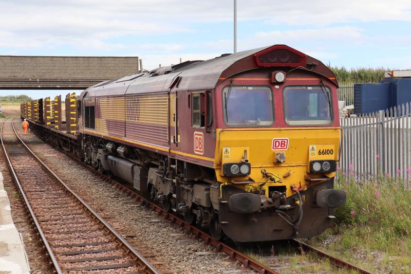 66100 At Georgemas with Empty Pipe Wagons: 66100 (DB) ready to go from Georgemas Jnct to Hartlepool at 2pm on 1st Aug 2018 with 10 empty pipe wagons. Photo of 66100 At Georgemas with Empty Pipe Wagons