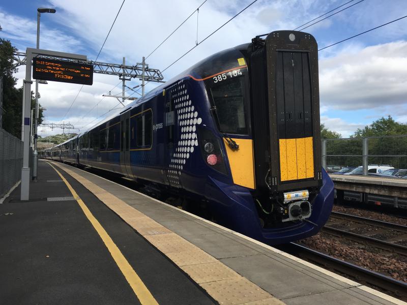 385104: 385104 and 385003 on their first couple of weeks operating with ScotRail, stops at Croy on a service to Edinburgh Waverley. Photo of 385104