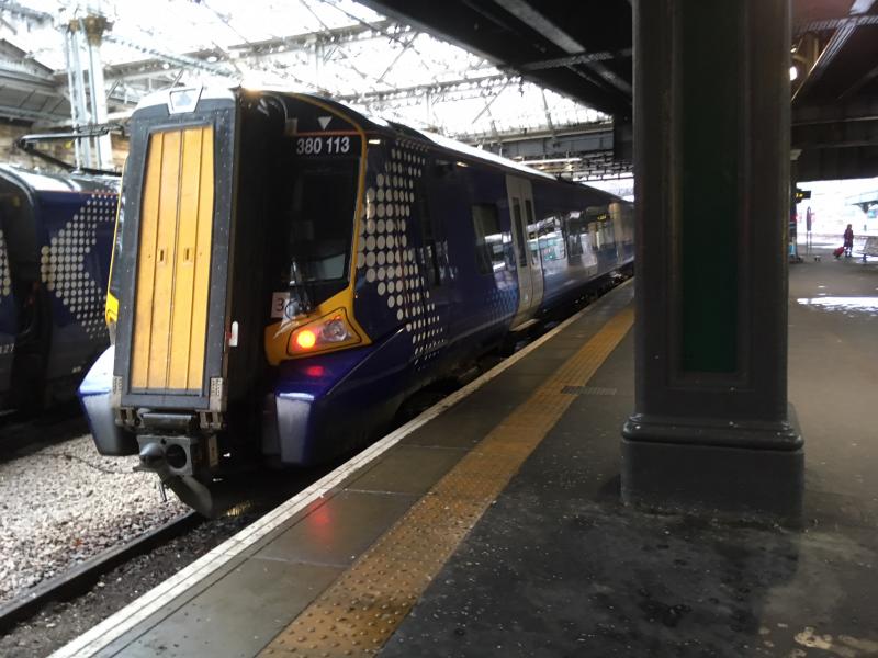 Class 380 Edinburgh: Standing at Edinburgh Waverly station on a (snowy!) April's day (2018) is unit 380 113. Photo of Class 380 Edinburgh