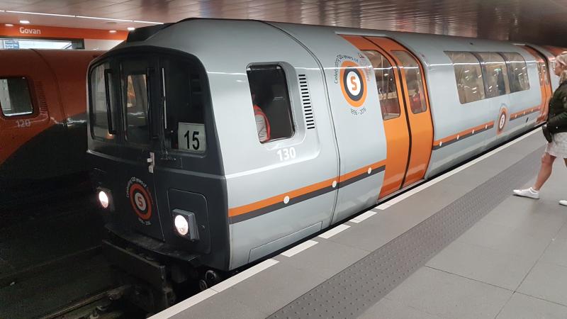 120th Subway Car no.130: The other end arriving at Govan, styled in the livery of the new driverless trains on their eventual way. Photo of 120th Subway Car no.130
