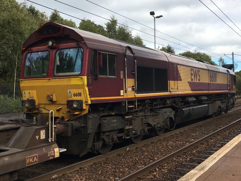 Shed No. 11: Still in EWS livery, DB Cargo 66011 pauses on a red at Holytown working the Mossend - Tees Dock intermodal. Photo of Shed No. 11