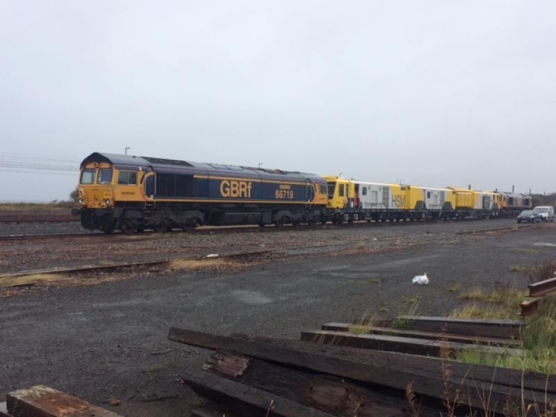66s & rail milling unit: 66719 and 66722 at either end of the high speed milling train, Falkland Yard, 26th September 2018 Photo of 66s & rail milling unit