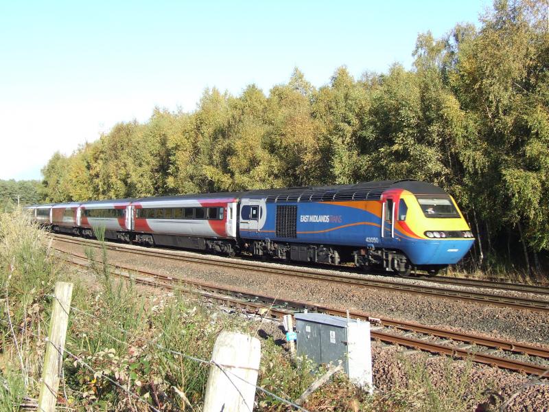 EMT 43050 passes Ladybank: EMT liveried power car 43050 leads LNER's 1E25 Aberdeen to Doncaster south past Ladybank Loop on Saturday 06 Oct 2018 Photo of EMT 43050 passes Ladybank