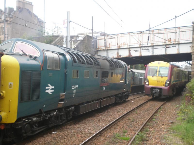 Routes and Branches - Hamilton: A photo at Hamilton Central of 55022 on the Routes + Branches tour while 334013 comes in with a service to Partick. Photo of Routes and Branches - Hamilton