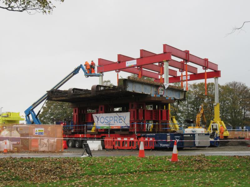 Bonhill Road Bridge Renewal 03: The old bridge deck has been moved to the site compound at Broadmeadow Park, where it will later be taken apart and be recycled, 20th October 2018. Photo of Bonhill Road Bridge Renewal 03