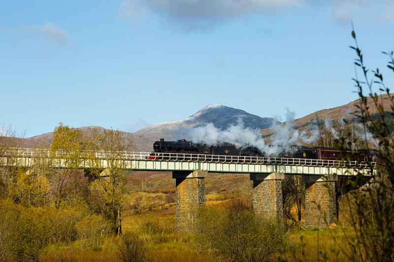 Crossing the River Fillan: A duo of Black Fives returning home after the 2018 Jacobite season on 27 Oct 18. Photo of Crossing the River Fillan
