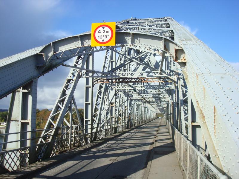 Connel Bridge: Taken in October 2018. Former Ballachulish line bridge over the Falls of Lora. Shows the metalwork that gets hit by the occasional over height truck heading north. Also shows general signs of corrosion. Photo of Connel Bridge