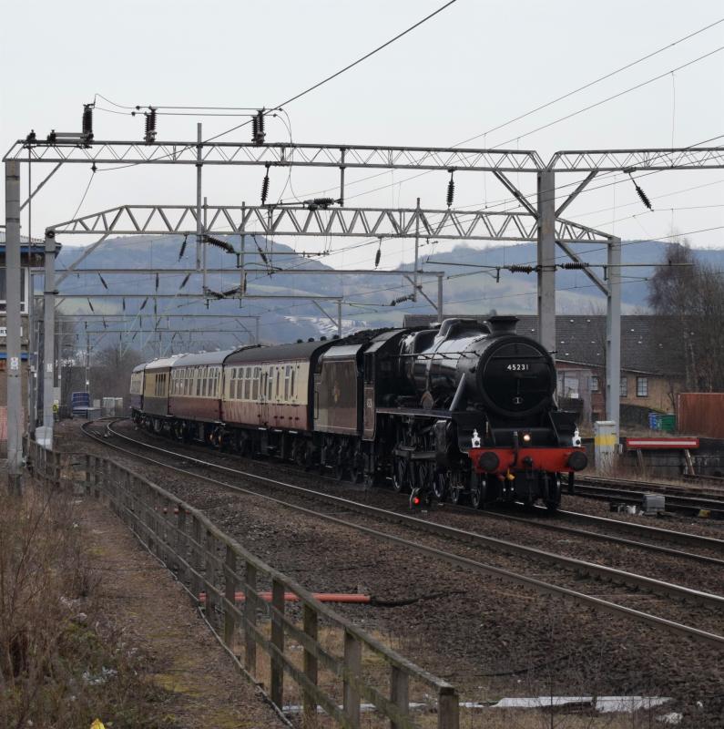 1Z37 Dumbarton Central 15.2.19: Black 5 45231 approaches Dumbarton Central with a private tour to Fort William Photo of 1Z37 Dumbarton Central 15.2.19