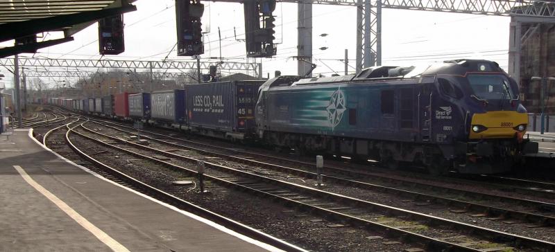 88001 at Carlisle: 88001 approaches Carlisle with 4S43, the Tesco Intermodal from Daventry to Mossend on Saturday 16th February 2019. Photo of 88001 at Carlisle
