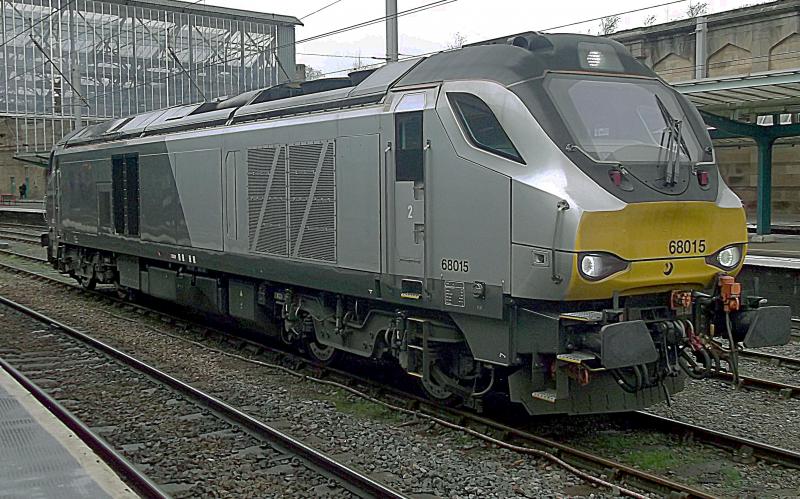 68015 at Carlisle: DRS 68015 in Chiltern Railways Livery, waits at Carlisle to form a staff training run from Carlisle to Crewe Gresty Bridge on Thursday 7th March 2019 Photo of 68015 at Carlisle