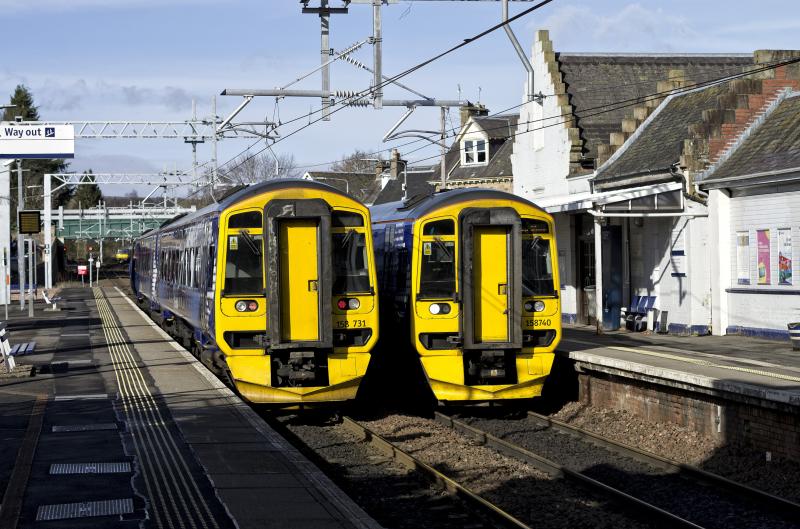 158731 AND 740 DUNBLANE 4.3.19.jpg: 740 BLASTS PAST A STATIONARY 731 Photo of 158731 AND 740 DUNBLANE 4.3.19.jpg