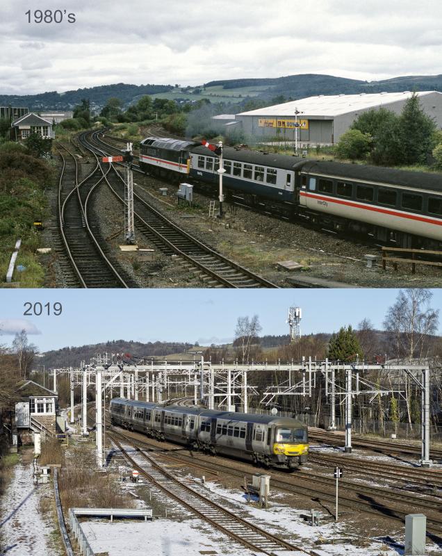 STIRLING THEN AND NOW.jpg: NICE TO SEE THE SIGNAL BOX STILL STANDING DESPITE THE MARCH OF PROGRESS.
THE 47 PIC IS HEADING FOR INVERNESS Photo of STIRLING THEN AND NOW.jpg