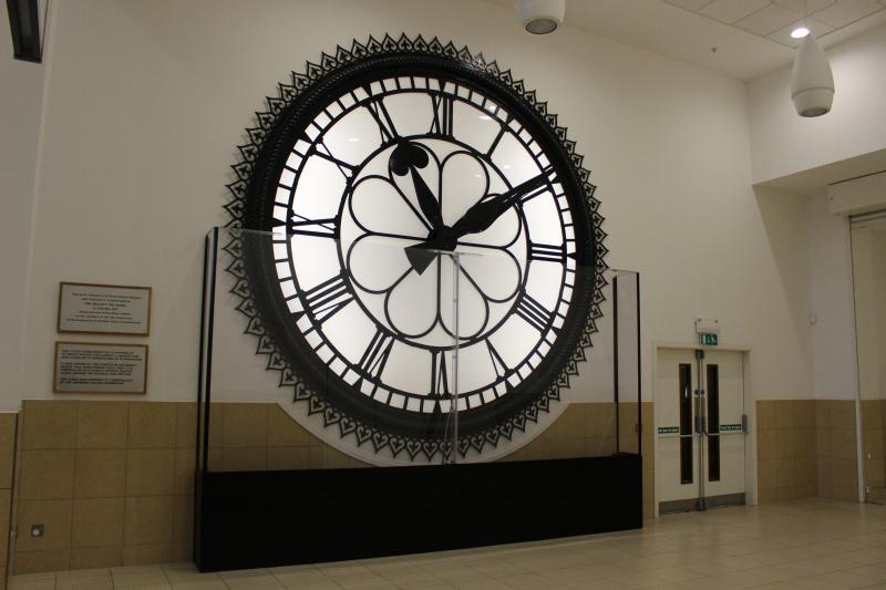 Glasgow St Enoch clock: The clock is on display in the shopping mall at Cumbernauld town centre, but may be moved to another location within the town. Photo of Glasgow St Enoch clock