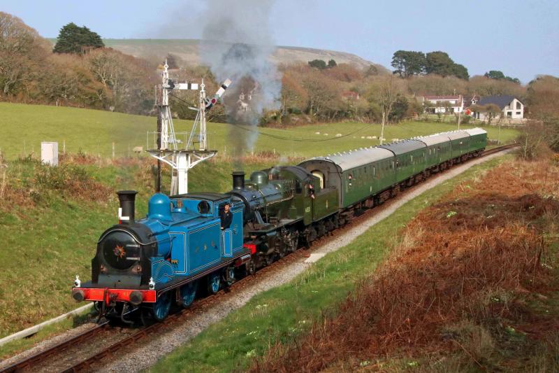 419 on tour: Caley tank 419 pilots Ivatt class 2 46521 approaching Harmans Cross with a Swanage to Norden service. Photo by Andrew P.M. Wright Photo of 419 on tour