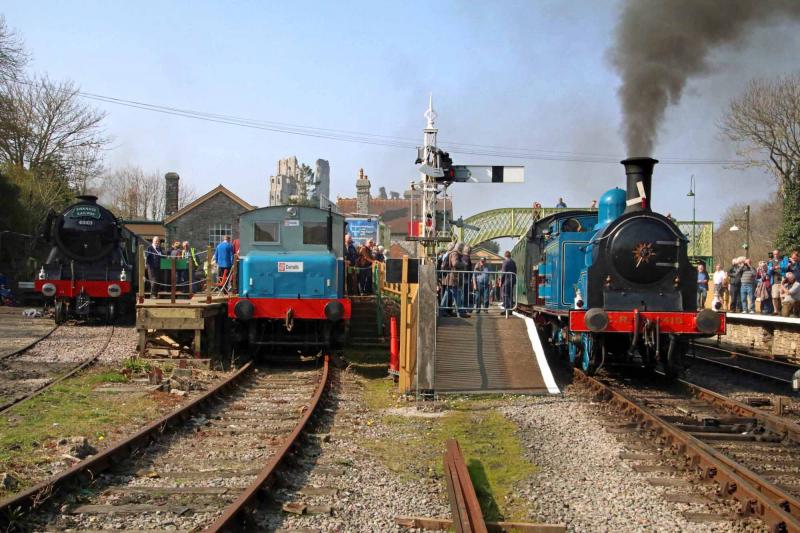 Loco line up: Three locos feature here, 60103 and 419 we all know. But in the middle is the very first loco Swanage acquired, FC Hibberd Planet 4 wheel petrol loco Beryl. Photo by Andrew P.M. Wright Photo of Loco line up