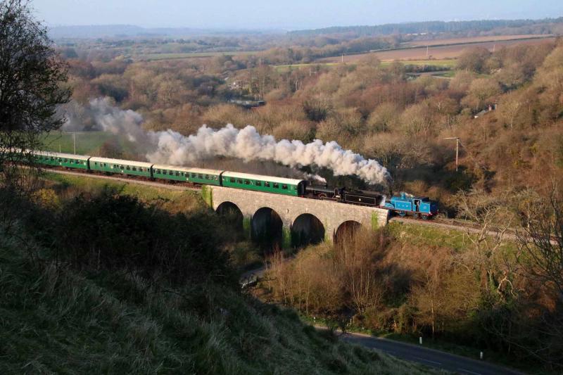 Corfe Viaduct 2: The pair return to Swanage from Norden. T9 30120 was designed by Dugald Drummond who worked for the Caledonian Railway for 8 years between 1882 and 1890. Photo by Andrew P.M. Wright Photo of Corfe Viaduct 2
