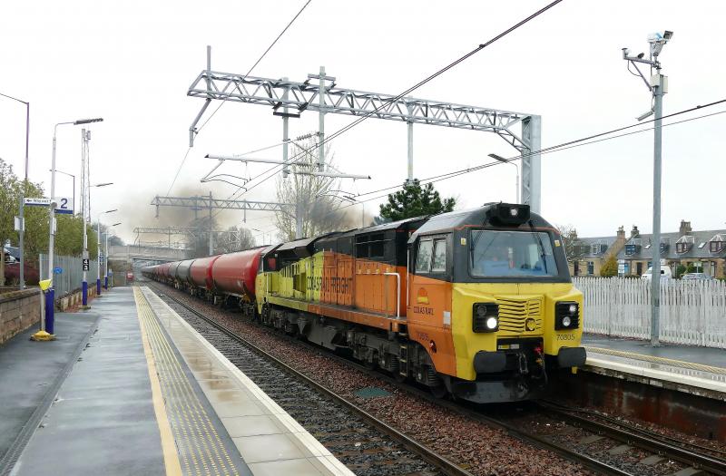 70805 at Falkirk (Grahamston) with the Dalston to Grangemouth tanks: Dalston to Grangemouth tanks at Falkirk (Grahamston)...6-4-19 A very wet and dull morning. Photo of 70805 at Falkirk (Grahamston) with the Dalston to Grangemouth tanks