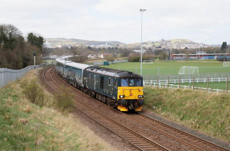 1Z73: 73969 leads 1Z73 09.57 Glasgow Central to Edinburgh passing Peffermill Playing Fields on 10/04/2019. Sun came out later Photo of 1Z73