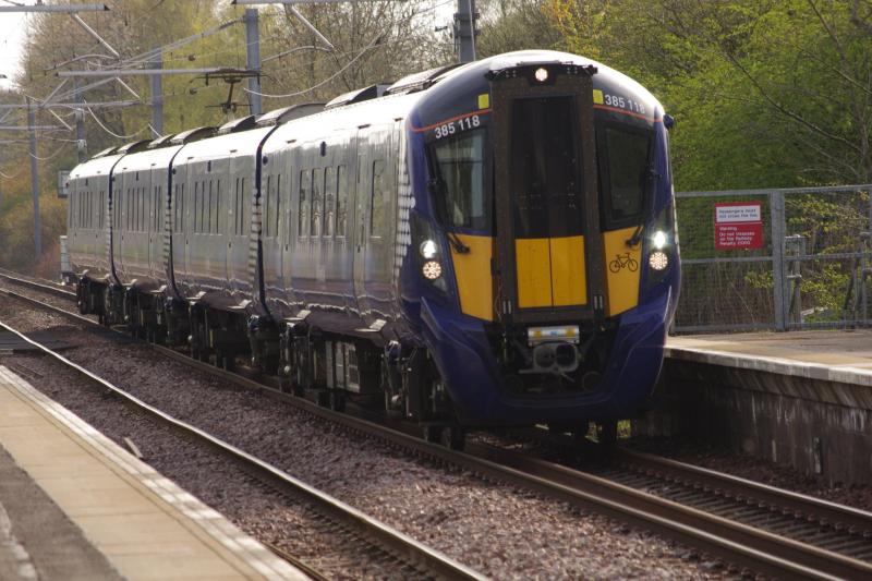 385118 at Greenfaulds: Operating a Queen St - Edinburgh all stops via Falkirk, 385118 pulls into Greenfaulds. Photo of 385118 at Greenfaulds