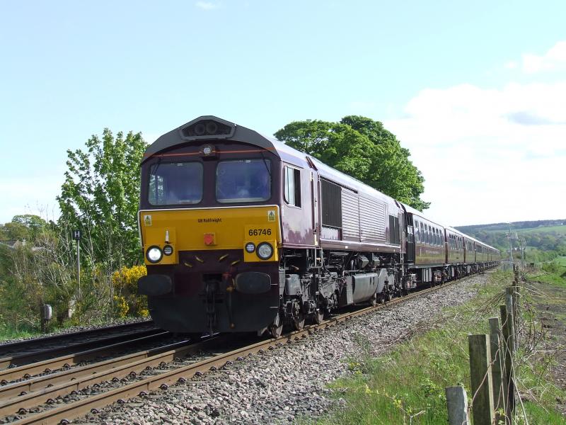66746 on Royal Scotsman : 66746 leads Royal Scotsman to a signal check for Hilton Line at Ladybank 06 May 2019 Photo of 66746 on Royal Scotsman