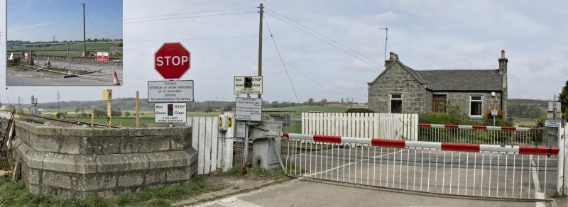 4 PITMEDEN L.C. 23.4.19 VS 15.5.19.jpg: THE UNUSUAL HAND OPERATED L.C .AT PITMEDDEN IS SADLY NO MORE---AND---THE OCTAGONAL SIGNAL BOX BASE HAS BEEN COMPLETELY DEMOLISHED. Photo of 4 PITMEDEN L.C. 23.4.19 VS 15.5.19.jpg