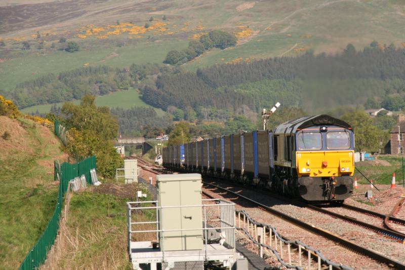 Blackford 4D47 17/05/19: Inverness to Mossend Intermodal with DRS 66304 accelerates after a signal check past the connection to the Highland Spring yard Photo of Blackford 4D47 17/05/19