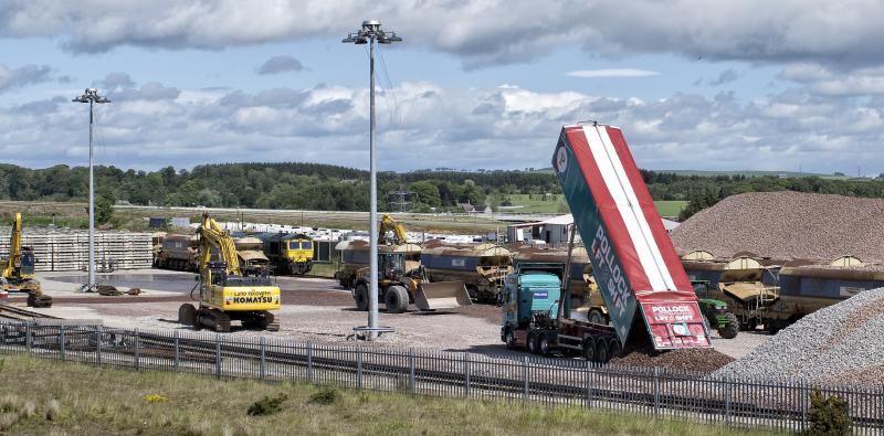 RAITHS FARM 3.6.19.jpg: THERE IS A MORE OR LESS CONTINUOUS STREAM OF LORRIES BRINGING BALLAST TO RAITHS FARM FOR USE BETWEEN DYCE AND INVERURIE. Photo of RAITHS FARM 3.6.19.jpg