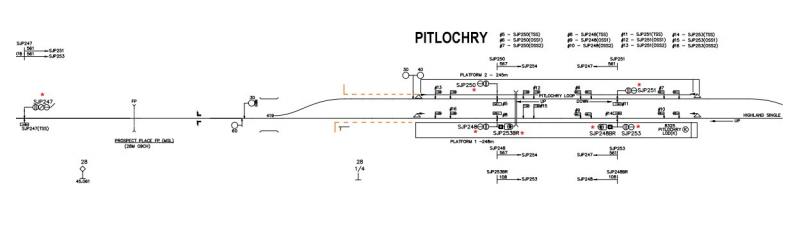 Pitlochry signalling: The new signalling at Pitlochry, but with the position of the removed platforms and the old semaphore up starting signal added. Photo of Pitlochry signalling