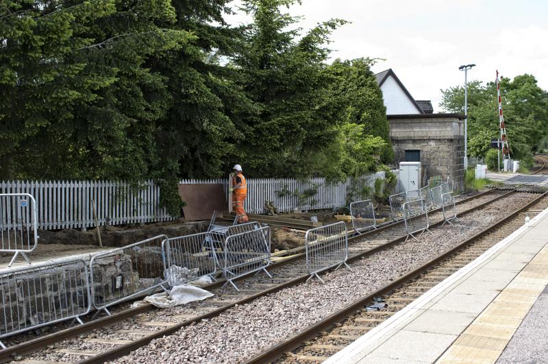 INSCH PLATFORM EXTENSION LKG TO HUNTLY 20.6.19.jpg: NOTE THE BASE OF THE WATER TOWER--LOOKS AS THO' IT WILL BE SPARED Photo of INSCH PLATFORM EXTENSION LKG TO HUNTLY 20.6.19.jpg