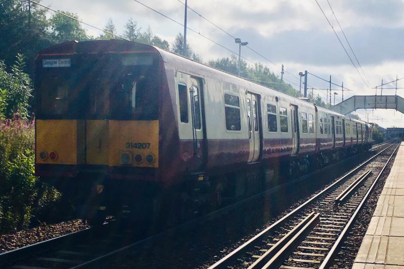 Destination - The Scrap Heap: Abellio ScotRail 314207, still in SPT Carmine & Cream livery, being dragged up south by ROG 37884 for scrapping. Photo of Destination - The Scrap Heap