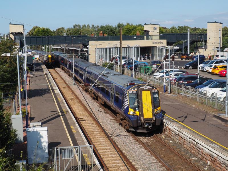 Kilwinning new footbridge: The footbridge includes a glazed screen in front of the station building. Lifts came into use on 23 August 2019.
380108 on 15:18 GLC - Ardrossan Harbour, 26 August 2019 Photo of Kilwinning new footbridge
