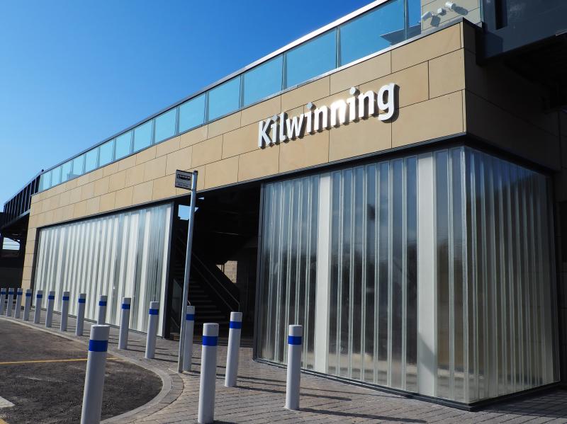 Kilwinning station frontage: This is the new frontage to Kilwinning station following construction of the new footbridge and lifts. The old station building is behind. Photo of Kilwinning station frontage