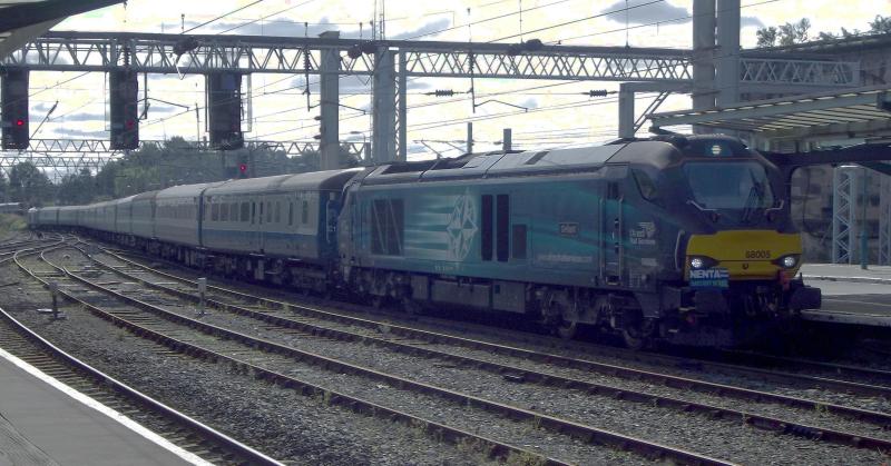 68005 at Carlisle: DRS 68005 arrives at Carlisle with a Nenta Railtour from Norwich via Settle on Saturday 7th September 2019. Classmate 68017 is on the rear of the train. Photo of 68005 at Carlisle