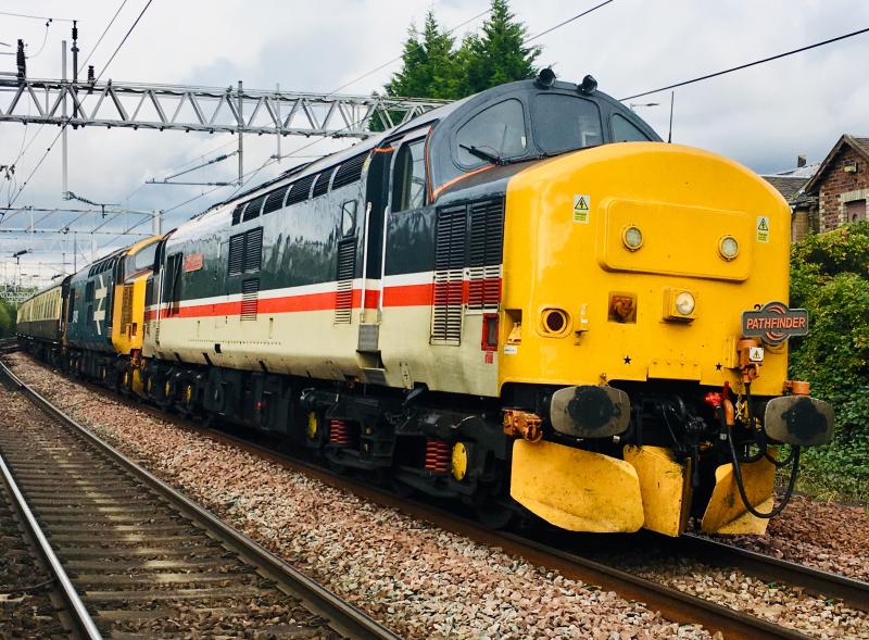 Mainline Livery on the Mainline: Intercity Mainline liveried DRS Class 37 37419 with large logo 37409 in tow approaching Motherwell slowly on day 4 of the Autumn Highlander tour by Pathfinder. Photo of Mainline Livery on the Mainline