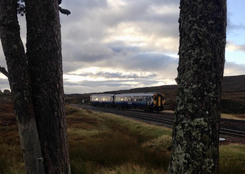 Corrour departure: 156 457 departs Corrour (running away from camera) on
06.03 Mallaig - Glasgow Queen Street. 28.09.2019 Photo of Corrour departure