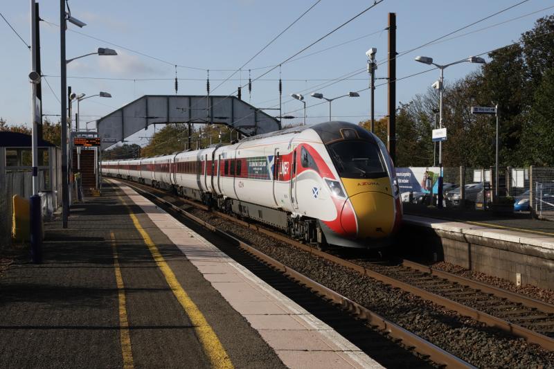 Tartan Azuma: 800104 on 1E14 12.00 Edinburgh to Kings Cross passing through Longniddry on 11/10/2019 Photo of Tartan Azuma