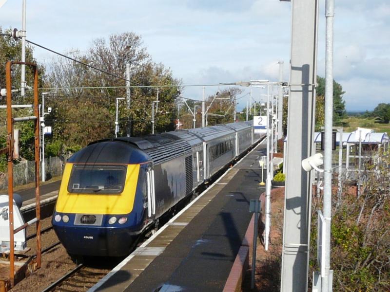 Barassie HST visitors: Newly refurbished ScotRail HST set HA20 is seen passing through Barassie on its way from Kilmarnock to Haymarket at 11.55 a.m. on 18 October 2019 with 43003 leading and 43036 trailing. Photo of Barassie HST visitors