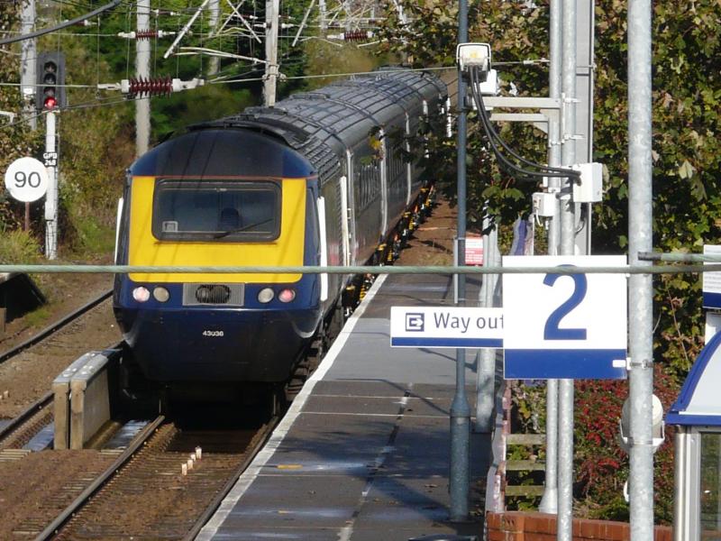 Barassie HST visitors: Newly refurbished ScotRail HST set HA20 is seen passing through Barassie on its way from Kilmarnock to Haymarket at 11.55 a.m. on 18 October 2019 with 43003 leading and 43036 trailing. Photo of Barassie HST visitors