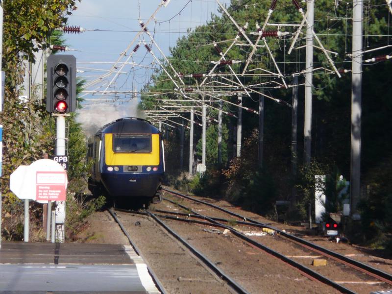 Barassie HST visitors: Newly refurbished ScotRail HST set HA20 is seen passing through Barassie on its way from Kilmarnock to Haymarket at 11.55 a.m. on 18 October 2019 with 43003 leading and 43036 trailing. Photo of Barassie HST visitors